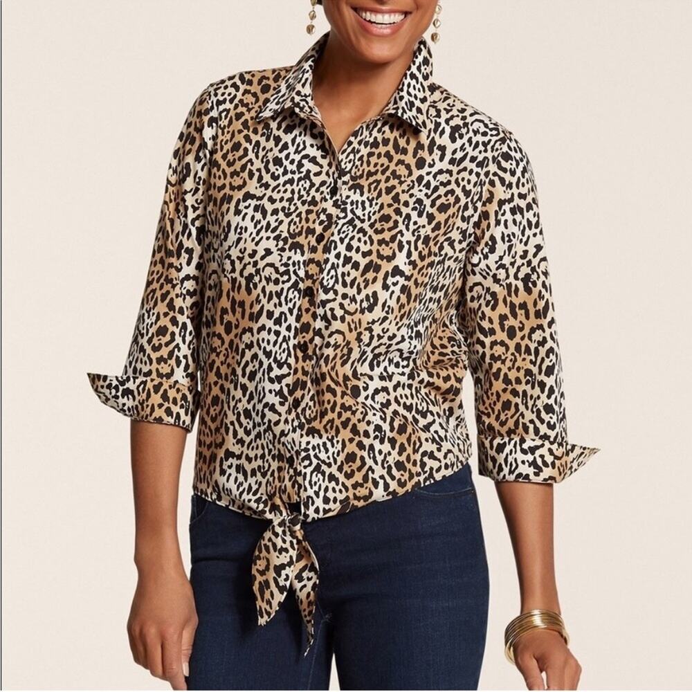 Chico’s Wrinkle-Resistant 100% Cotton Leopard Print Tie Front Top - Size 1 (M)